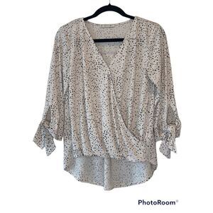 Beacon Women's White Black Polka Dot 3/4 Sleeve Tie Wrap Top Blouse Size Small